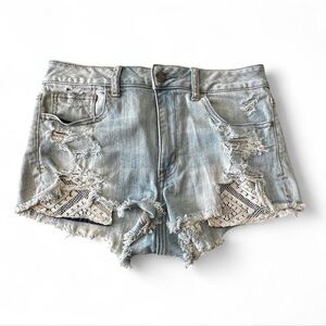 American Eagle Outfitters Light Blue Distressed Denim Shorts with Lace Insets